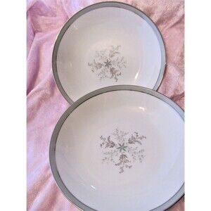 Lucille Noritake 2 Coup Soup Bowls Gray/Green Band Platinum Flowers Pattern 5813
